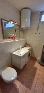 uma casa de banho com um lavatório branco e um WC. em Lorena app em Umag