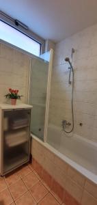 een badkamer met een douche en een bad bij Lorena app in Umag