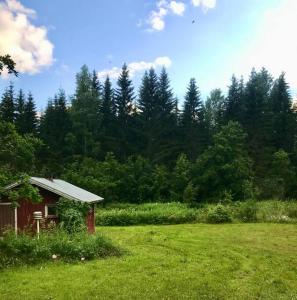 un pequeño cobertizo en un campo con árboles en el fondo en Villa Keyritty - Near Tahko Ski/Holiday Resort, en Kuopio