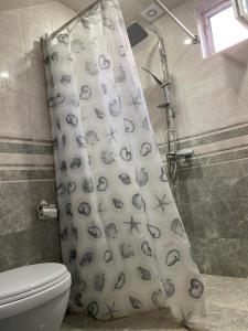 a bathroom with a shower curtain with a toilet at SD House in Dilijan