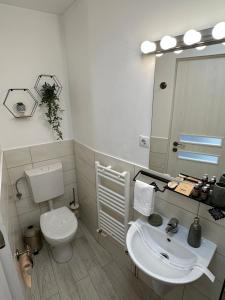 a white bathroom with a toilet and a sink at My Better Place zur Lügenbrücke in Sibiu