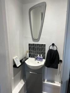 uma casa de banho com um lavatório e um espelho em Glastonbury Hideaway em Glastonbury