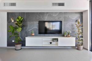 a living room with a tv on a wall with plants at Ambassador apartment+parking in Tel Aviv