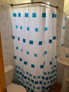 a bathroom with a toilet and a shower curtain at Portofino Surf Camp in Ciudad de Chañaral