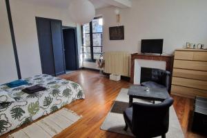 a bedroom with a bed and a chair and a fireplace at Chambre dans maison de ville - 2 Personnes in Oloron-Sainte-Marie