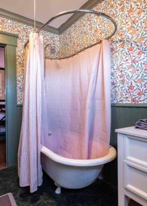 a bathroom with a tub with a shower curtain at Three Bedroom Apartment In Historic Nulu Property in Louisville