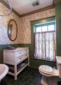 a bathroom with a toilet and a sink and a mirror at Three Bedroom Apartment In Historic Nulu Property in Louisville