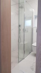 La salle de bains est pourvue d'une douche avec une porte en verre. dans l'établissement Apartman Nagy, à Dramalj