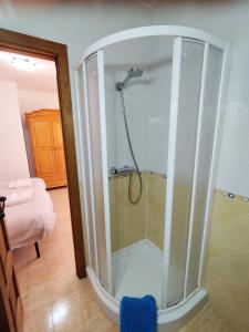 a shower with a glass enclosure in a bathroom at Retiro del Bullaque in El Robledo