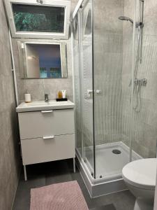 a bathroom with a shower and a sink and a toilet at Olívia Vendégház Orfű in Orfű +27 photos