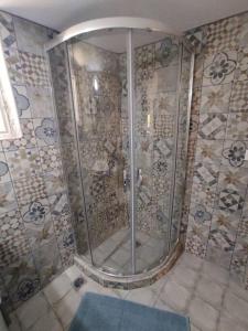 a shower stall in a bathroom with tiles at Ktima Kariofillis in Révmata
