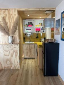 a kitchen with a black refrigerator and a sink at Agréable Loft proche océan classé 1 étoile Refait à neuf in Biscarrosse-Plage +12 photos