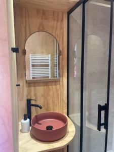 a bathroom with a red sink and a shower at Agréable Loft proche océan classé 1 étoile Refait à neuf in Biscarrosse-Plage