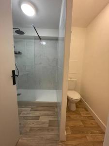 een badkamer met een toilet en een glazen douche bij Studio au pied du tram avec Jardin et Parking in Montpellier