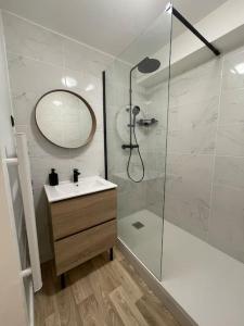 een badkamer met een wastafel en een douche met een spiegel bij Studio au pied du tram avec Jardin et Parking in Montpellier