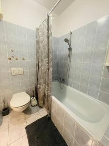 un bagno con un water, una vasca e un lavandino di CENTRAL STUDIO CLOSE TO ANDRASSY AVENUE for 4 persons a Budapest