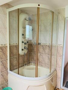 La salle de bains est pourvue d'une douche et d'une cabine de verre. dans l'établissement Florence Residence Makola, à Kadawata
