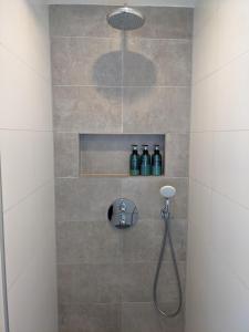 a shower with a glass door with bottles on a shelf at Amsterdam City Oasis in Amsterdam