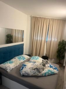 a bed with a blue headboard and pillows in a bedroom at Franz home Wi-Fi AC 1 free parking in Bolzano