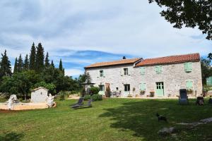 a large stone house with a dog in the yard at Cottage al Merlo Olivo in Buje