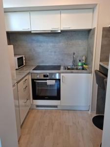 una piccola cucina con lavandino e piano cottura di Apartment near center / free P ad Ålesund