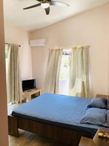 um quarto com uma cama azul e uma janela em Apartment near the Beach Paradise Mikra Mantinia em Arkondikó