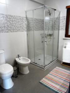 y baño con ducha, aseo y lavamanos. en Casa das Andorinhas en Lourinhã