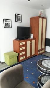 a living room with a tv and a cabinet at Leśny Zakątek in Rumia