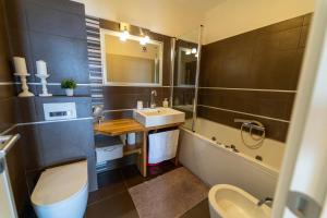 a bathroom with a sink and a toilet and a mirror at Apartman Gratitude in Rijeka +26 photos
