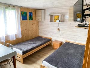 ein kleines Zimmer mit 2 Betten und einem Fenster in der Unterkunft Bieszczady Smolnik Cottage in Smolnik