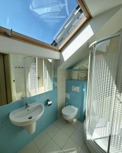 a bathroom with a sink and a toilet and a skylight at Ośrodek Wczasowy Walcownik in Sianozety
