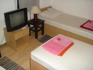 a small room with two beds and a television at Hostel Hercegovina in Mostar
