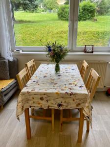 ein Tisch und Stühle mit einer Blumenvase drauf in der Unterkunft Slunný byt v Jizerských horách 5 postelí in Tanvald
