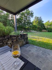 un bicchiere di vino seduto su un tavolo sul patio di Hiška na hribu ad Ancarano