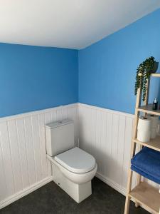 baño con aseo blanco y pared azul en Coastal haven, en Portstewart