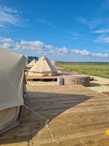 un grupo de tiendas de campaña en un campo con un cielo azul en COMPORTA SIDE - Tents, en Setúbal 35 fotos más