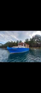 a blue and white boat on the water at Yakamoz A in Marmaris