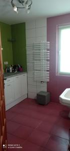 La salle de bains est pourvue de murs roses et verts et d'un lavabo. dans l'établissement Oaza Miłości, à Lipniki