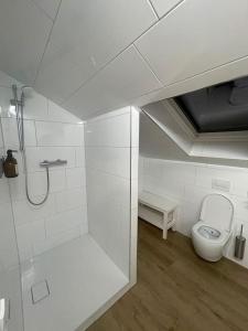 a bathroom with a shower and a toilet at Buxtehude*Wohnung*100qm*6 Schlafplätze*NEU* in Buxtehude