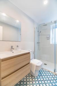 een badkamer met een wastafel, een toilet en een douche bij VILLA MARTA - Apartamentos céntricos junto al mar in Castro-Urdiales