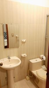 La salle de bains est pourvue d'un lavabo, de toilettes et d'un miroir. dans l'établissement 102 RV APARTMENTS IQUITOS-APARTAMENTO FAMILIAR CON PISCINA, à Iquitos