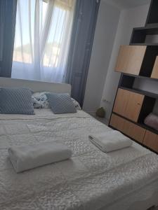 1 dormitorio con 2 almohadas en una cama con ventana en Apartament Roztocze, en Zamość