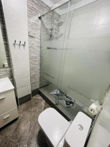 カレタ・デ・ベレスにあるStay Inn Caleta de Vélezのバスルーム(ガラス張りのシャワー、トイレ付)