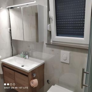 Apartment T&T Žaborić في زابوريتش: حمام مع حوض ومرآة ومرحاض