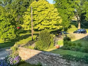 an aerial view of a yard with trees and a stone wall at Sandwath in Temple Sowerby