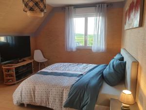 Schlafzimmer mit einem Bett, einem TV und einem Fenster in der Unterkunft Les Pressoirs in Nogent-lʼAbbesse