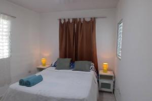 a bedroom with a large white bed with two lamps at Casa de las Mariposas in Río San Juan