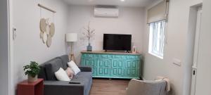 sala de estar con armario verde y TV en Casa Dos Vales 11, en Pedreiras
