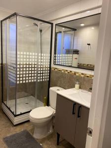 La salle de bains est pourvue de toilettes, d'une douche et d'un lavabo. dans l'établissement Lindo Apartamento, full equipado -Factura empresas-, à Quillota