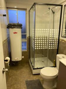 uma casa de banho com um WC e uma cabina de duche em vidro. em Lindo Apartamento, full equipado -Factura empresas- em Quillota